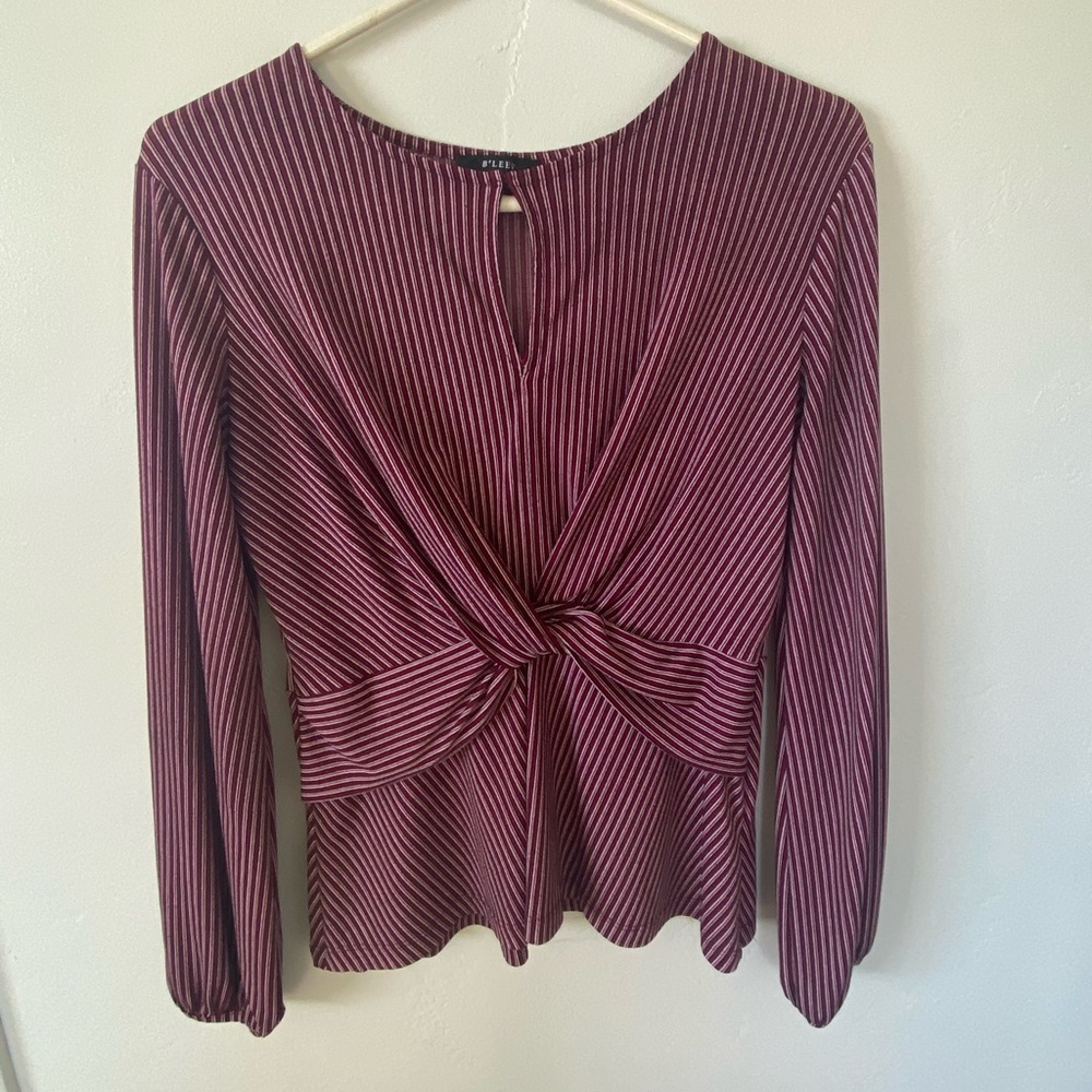 Bleev striped burgundy long sleeve blouse size small.